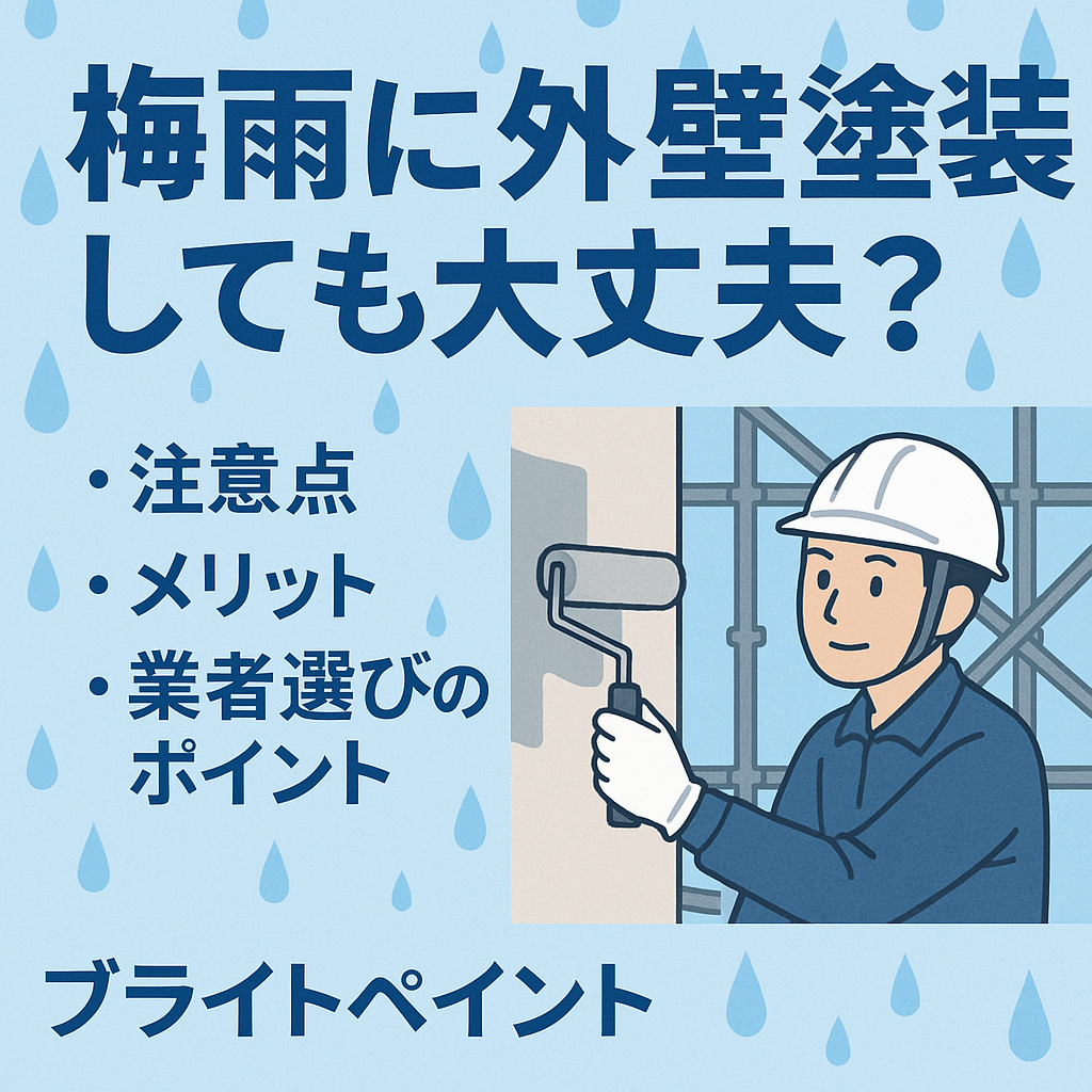 梅雨時期の外壁塗装に関する注意点やメリットを紹介するブライトペイントの広告画像