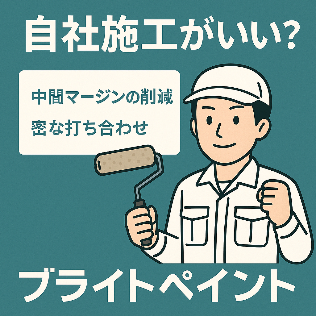 自社施工の魅力を伝えるブライトペイントのイメージ画像。中間業者を介さず、丁寧な対応と適正価格を実現。