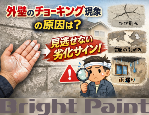 外壁を触ると白い粉が付くチョーキング現象と、ひび割れや塗膜剥がれなどの劣化サインを解説したアイキャッチ画像